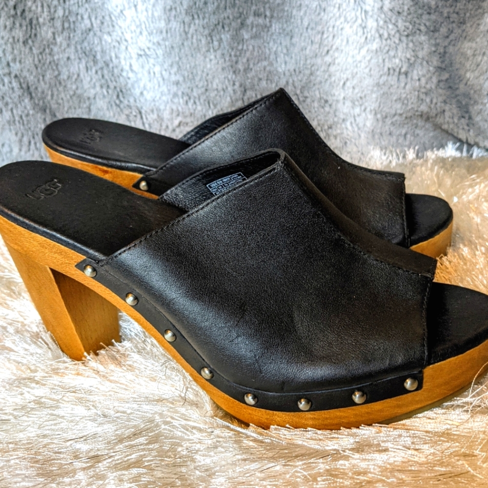 UGG Black Leather Peep Toe Wooden Clogs 12